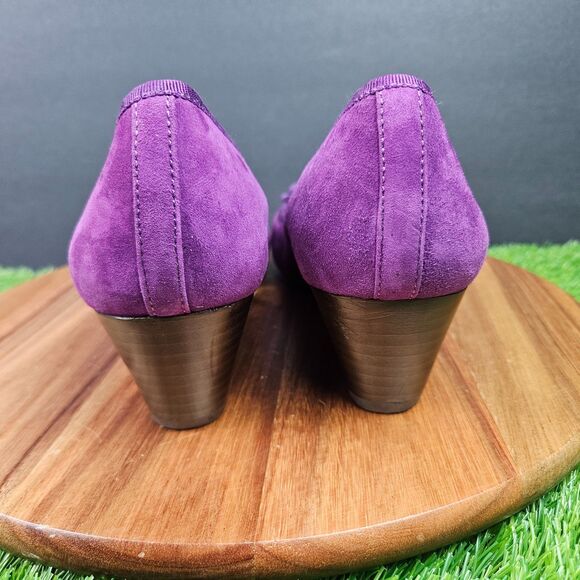 Tory Burch Purple Leather Suede Chelsea Wedge Heels Bow Logo Round Toe 10 M - Picture 3 of 12